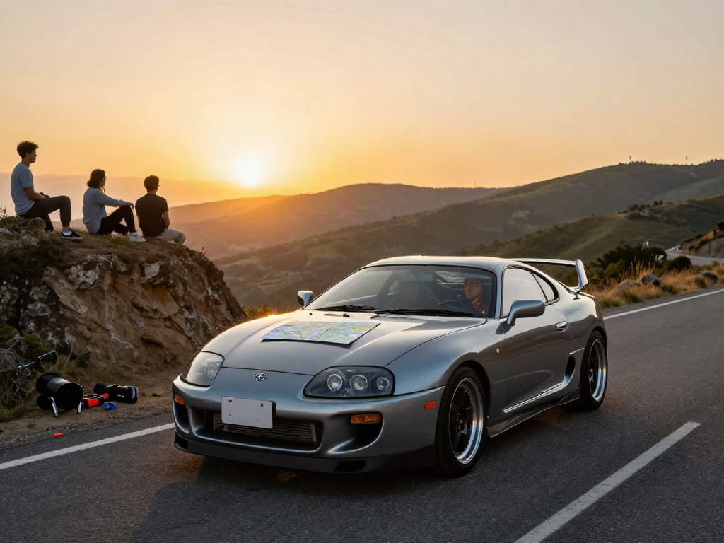 The A80 platform Toyota Supra driving on a scenic road with friends enjoying the landscape.