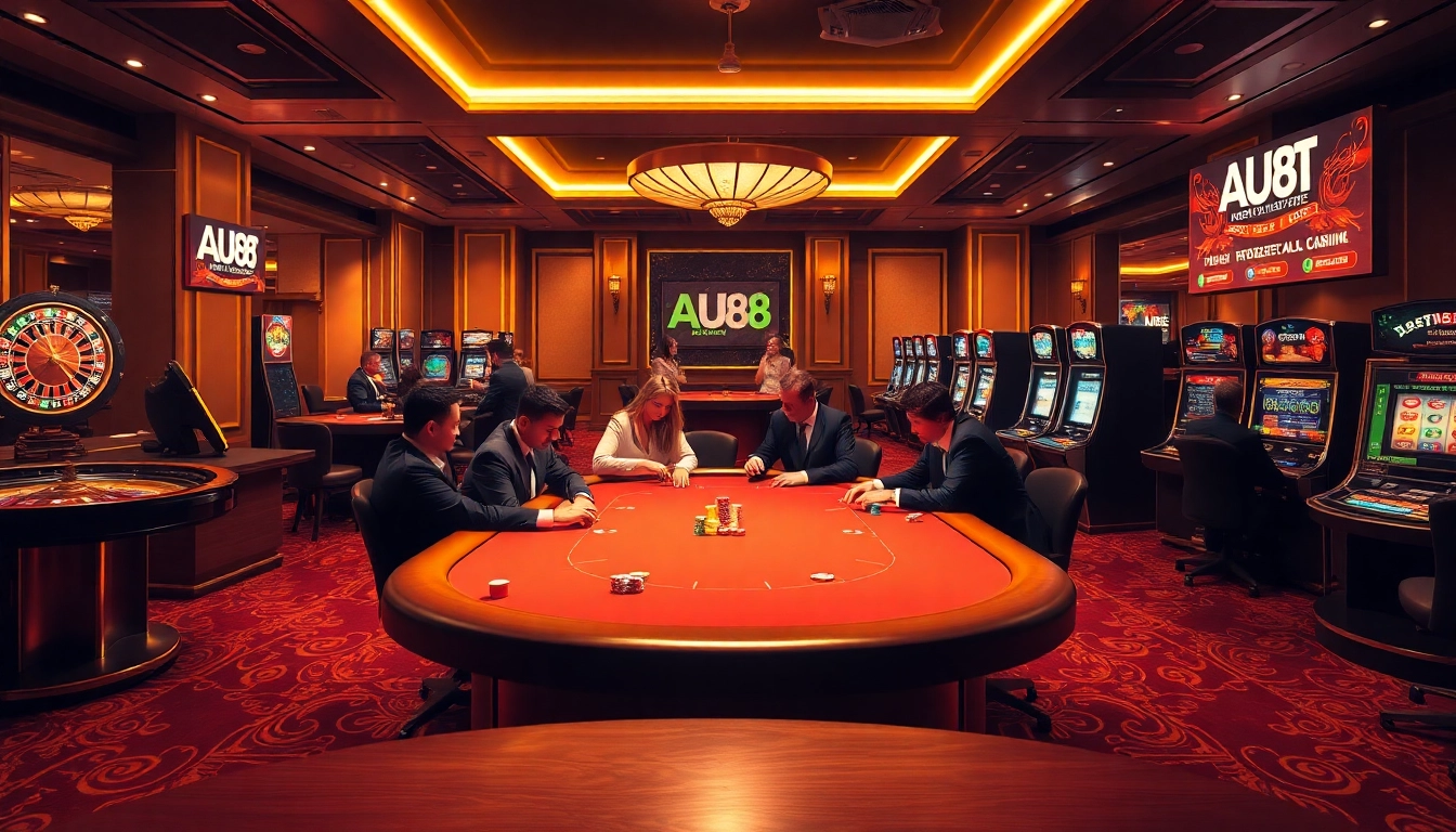 High-stakes poker scene with AU88 branding, players, and casino excitement.