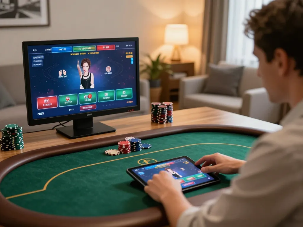 Engaged player at GO88 assesses the poker game in a modern home setting, demonstrating strategic gaming.