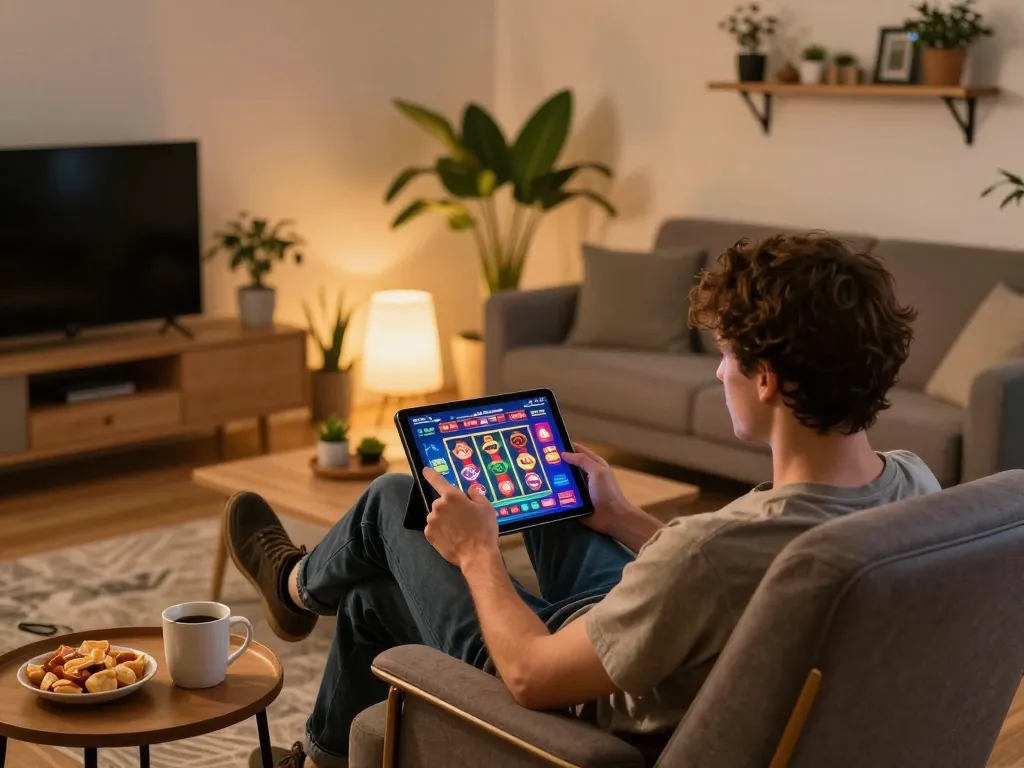 Engaging with open88.com online casino app on a tablet in a cozy living room setting