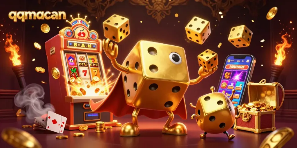 Experience thrilling casino action with qqmacan in this vibrant illustration featuring golden dice, a slot machine, and jackpot excitement.