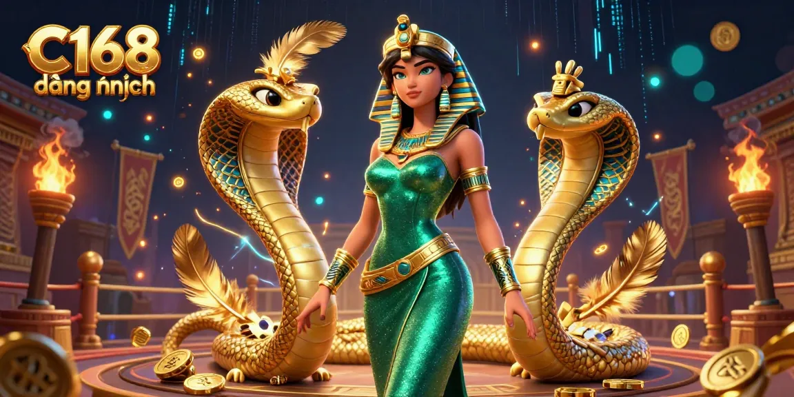 C168 đằng nhập, vibrant gambling scene with a stunning woman in a gown and golden cobra showcasing an online casino.