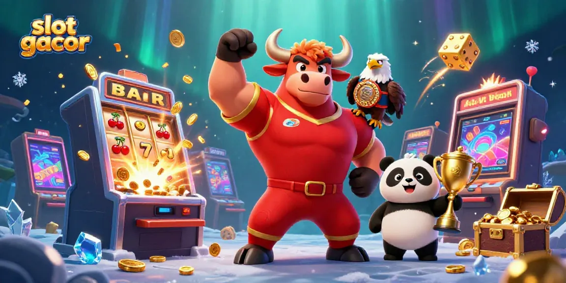 Engage with slot gacor in this vibrant 3D casino scene, featuring winning characters and game elements.