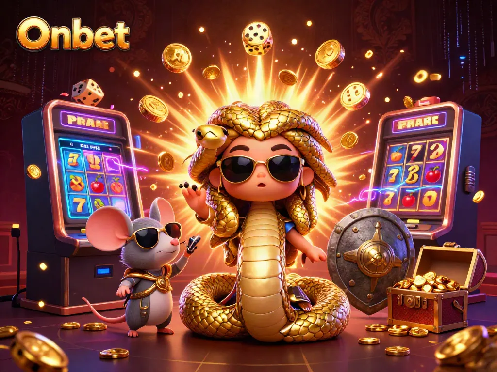 Join Onbet for thrilling jackpots as Medusa and friends celebrate with vibrant casino elements.