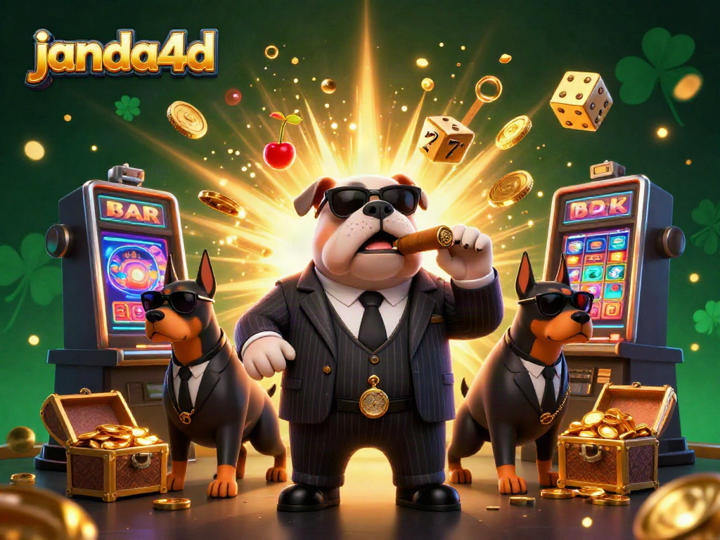 Janda4d menampilkan ilustrasi kasino dengan karakter bos mafia dan mesin slot yang berlimpah koin.