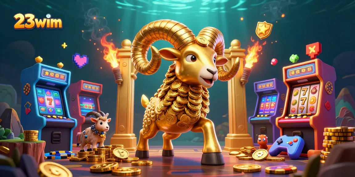 Engage with vibrant casino fun through 23wim's illustrated golden ram charging amidst colorful gaming elements.