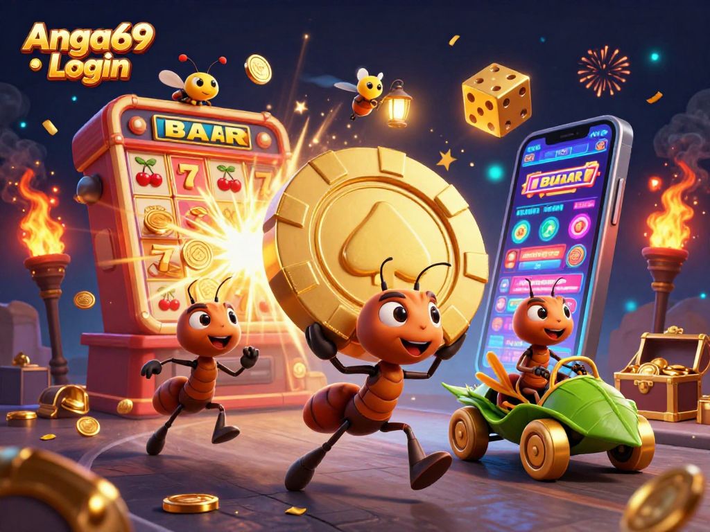 Engage with Angka69 Login by exploring a thrilling casino adventure with cartoon ants stealing a golden poker chip.