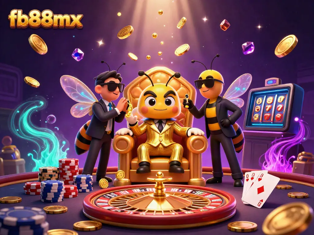 Experience the excitement at FB88mx casino, featuring a vibrant scene with animated characters and cascading gaming elements.