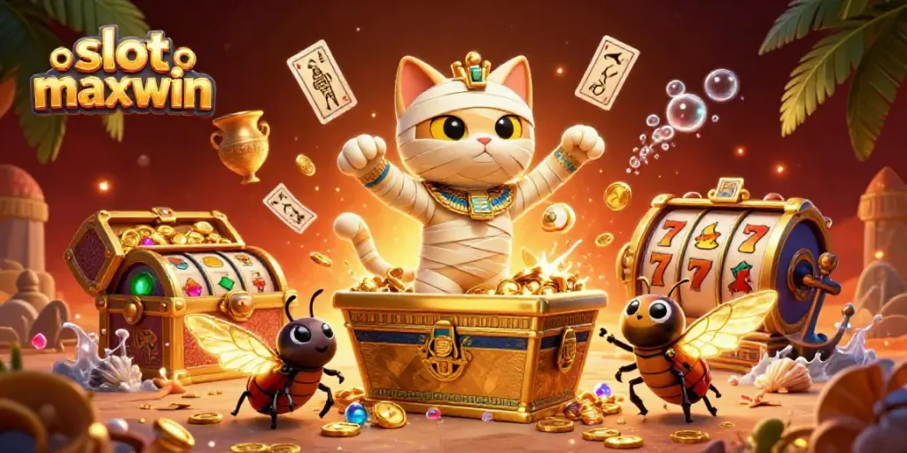 Experience excitement with slot maxwin as the mummy cat joins the adventure among treasure and casino symbols.
