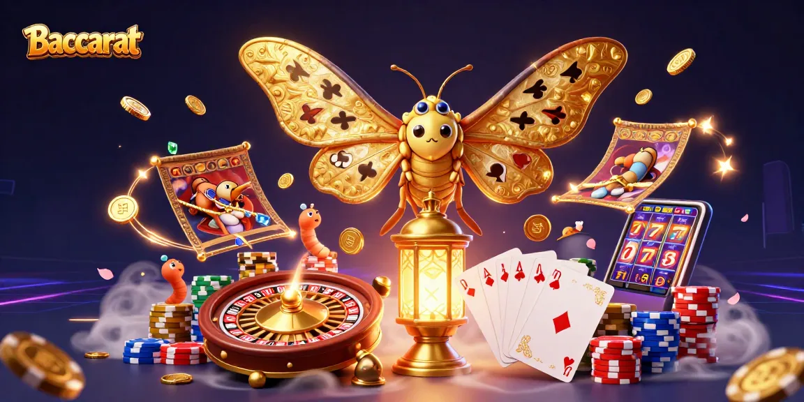 Baccarat illustration with a majestic atlas moth, golden coins, and poker chips creating a vibrant casino scene.
