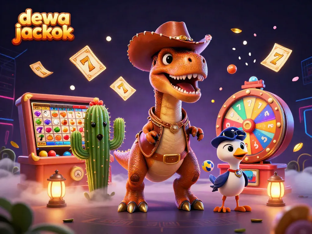 Permainan slot dewa jackpot dengan karakter lucu di latar belakang yang dinamis.