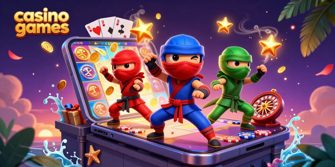 Engaging illustration of casino games with chameleon ninjas performing martial arts, surrounded by a vibrant slot game and casino elements.