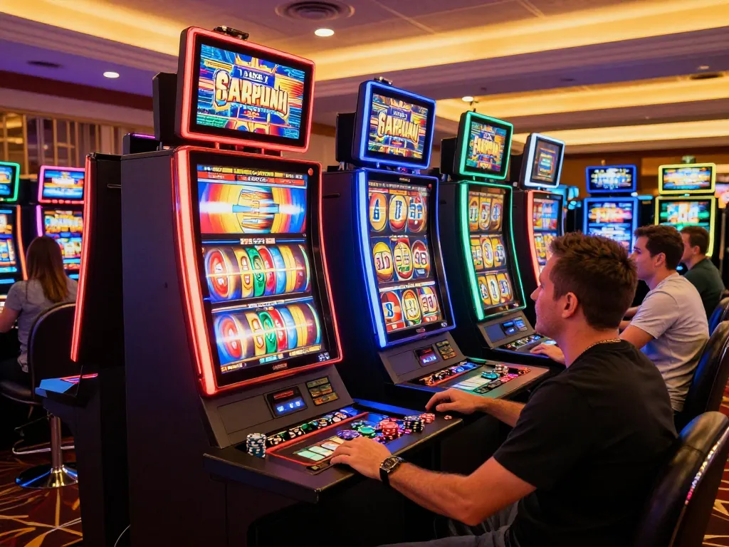 A player engages with aman788 slot gacor at an exciting slot machine surrounded by vibrant casino atmosphere.