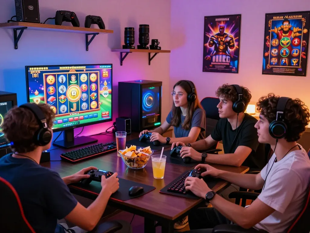 Suasana menarik teman-teman bermain permainan situs slot di ruang permainan yang ramai.