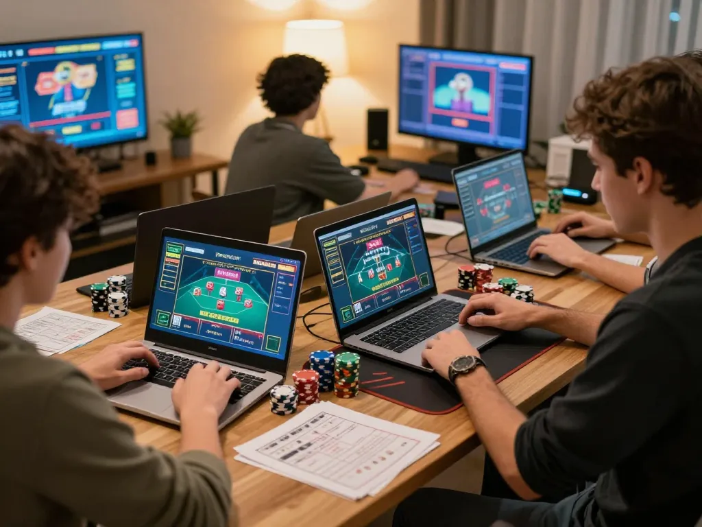 Players engaging with af88 online casino on laptops, showcasing live games and strategy notes for effective gambling