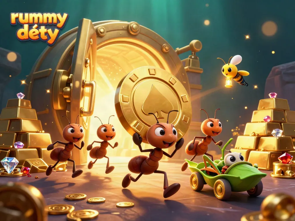 Rummy Deity menampilkan tim semut 3D yang mencuri chip poker emas raksasa sebagai strategi dalam permainan kartu yang mendebarkan