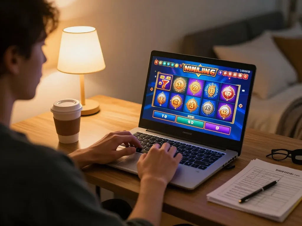 Player enjoying slot online games on a laptop at home, showcasing a cozy gaming setup with strategy notes.