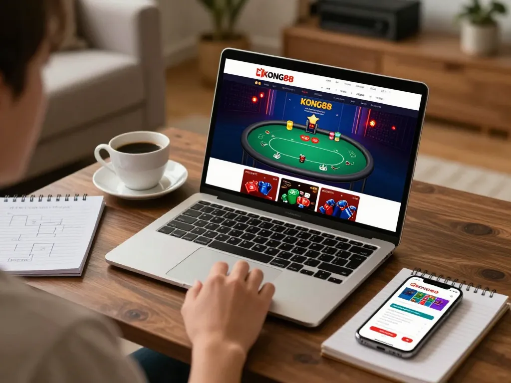 Kicking off the gaming session at Nhà cái KONG88, a player engaged in online poker with strategic notes and a mobile app.