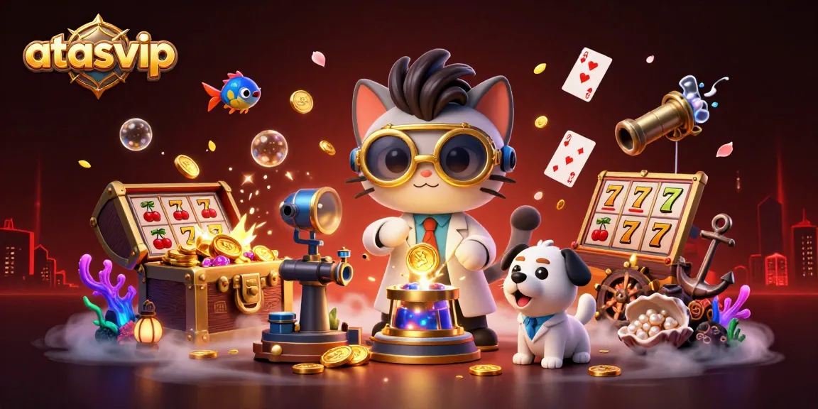 Join the fun at atasvip with a vibrant 3D illustration of a casino-themed lab adventure!