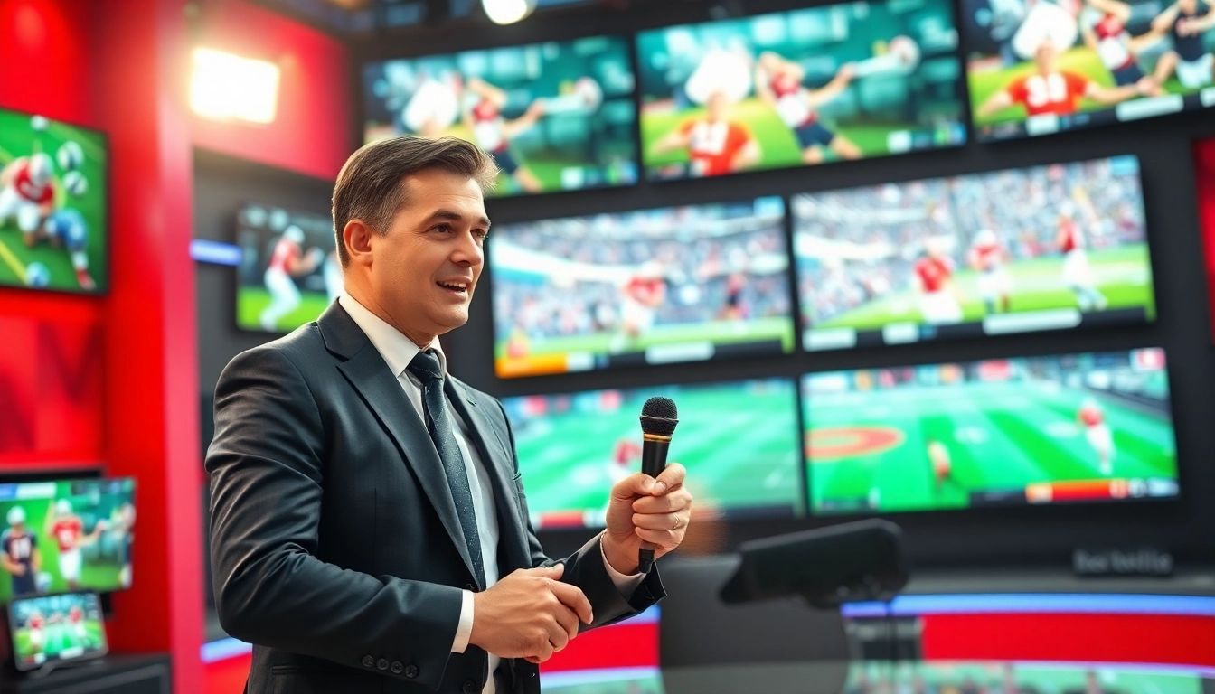 Engaging sports broadcasting scene featuring a sports presenter in a dynamic studio.