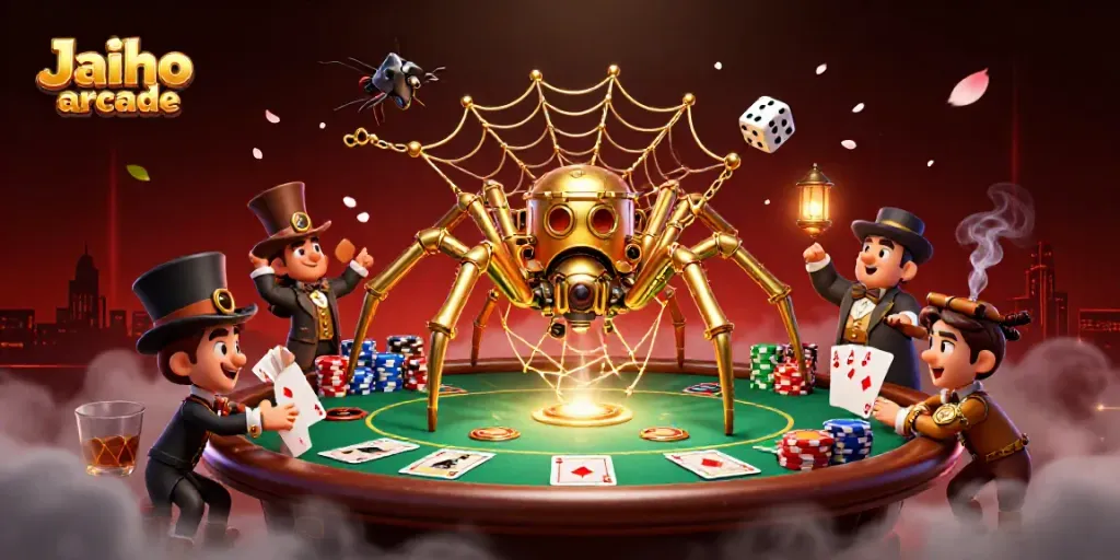 Engage with the vibrant world of Jaiho arcade as the steampunk spider entangles dice in a rich casino scene.