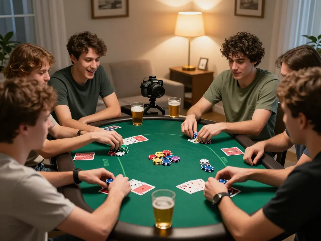 Players engaging in a competitive poker game at home while enjoying drinks and snacks, showcasing king33 excitement.