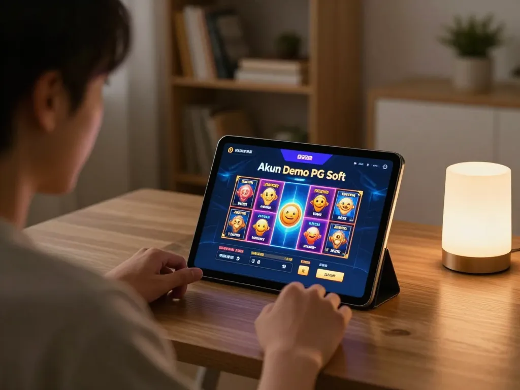 Antarmuka Akun Demo PG Soft ditampilkan di tablet untuk sesi permainan online, suasana rumah yang nyaman.