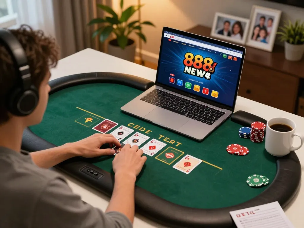 Player engaging in online poker at 888NEW casino with strategy notes and warm lighting.