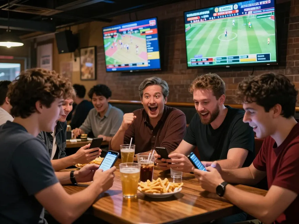 Engaged players at CM88 com placing bets on mobile devices while cheering for sports in vibrant bar.