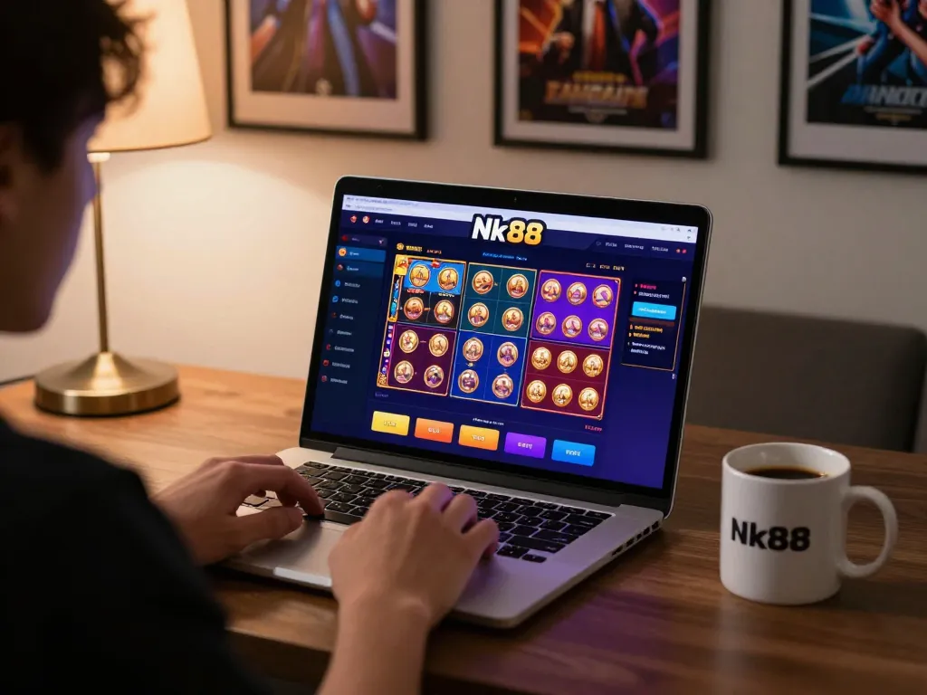 Engaged player exploring games on nhà cái uy tín Nk88's online platform, showcasing responsible gambling.