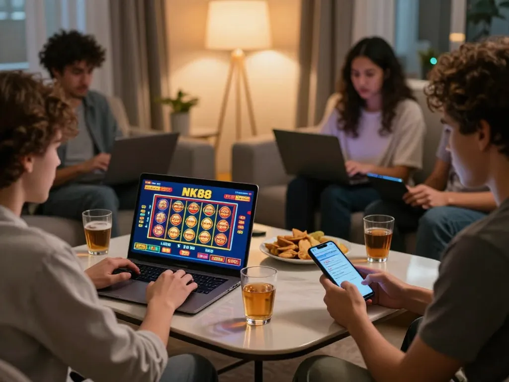 Engaging online gaming scene featuring players using the NK88 link on laptops and mobile apps,-set in a cozy home.