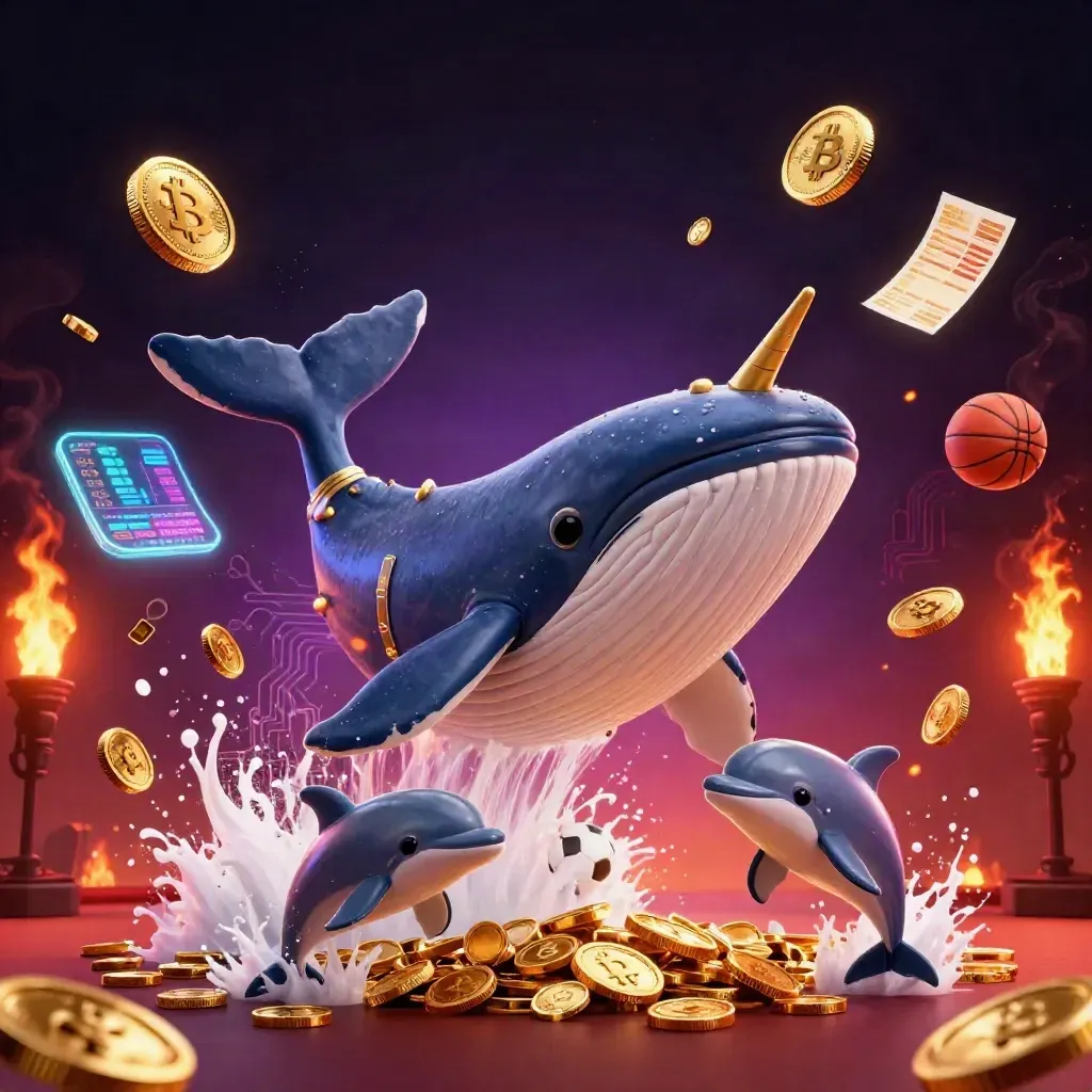 Whale captain, narwhal, and dolphins surge through gold coins with crypto glow in a dark casino sky.