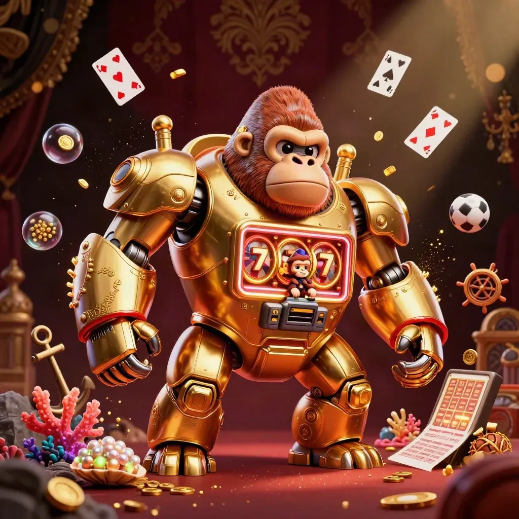 Golden gorilla mech with monkey pilot in a jeweled underwater casino treasure cove
