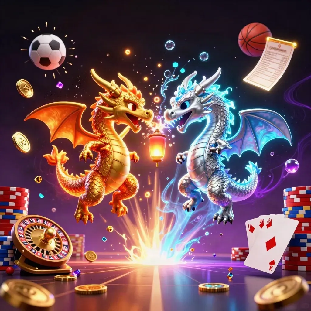 Gold and silver dragons whirl with casino chips, roulette wheel, sports balls and neon magic.