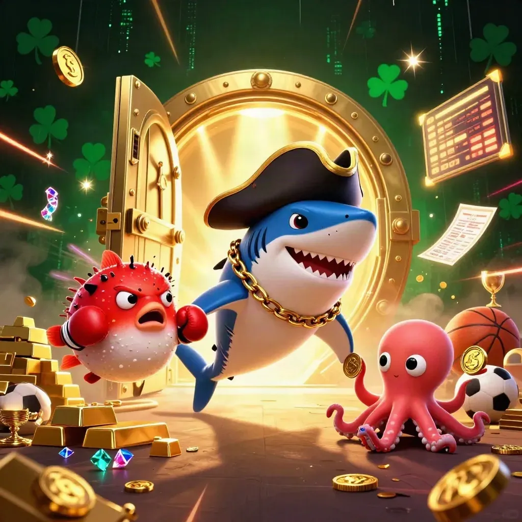 Pirate shark, pufferfish and octopus amid gold vault burst, sports balls and casino glow.