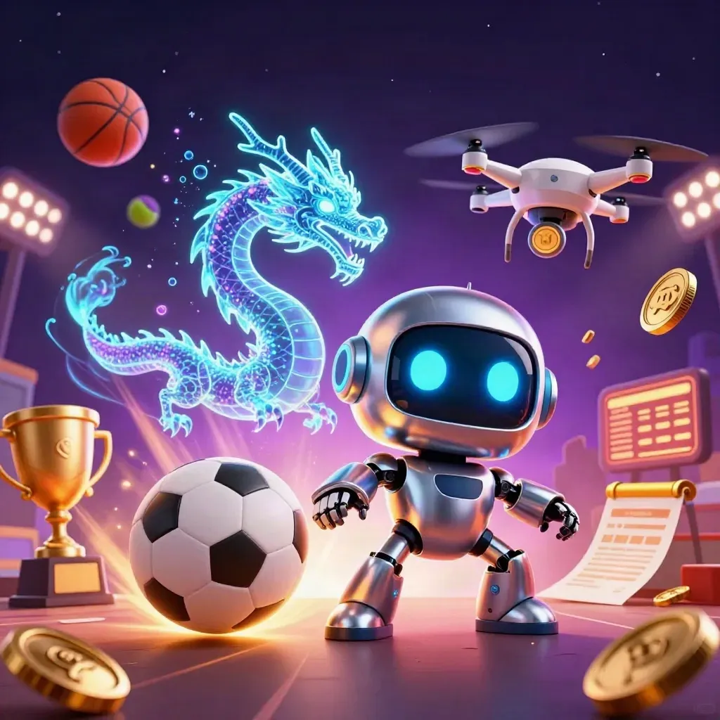 Cyberpunk robot, holographic dragon and coin drone amid flying sports balls and gold casino glow