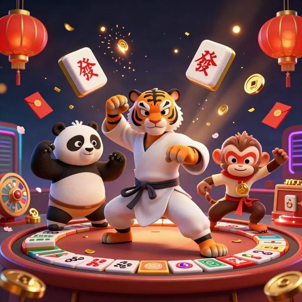 Kung-fu tiger, panda, and monkey in a glowing casino scene with roulette and cards.