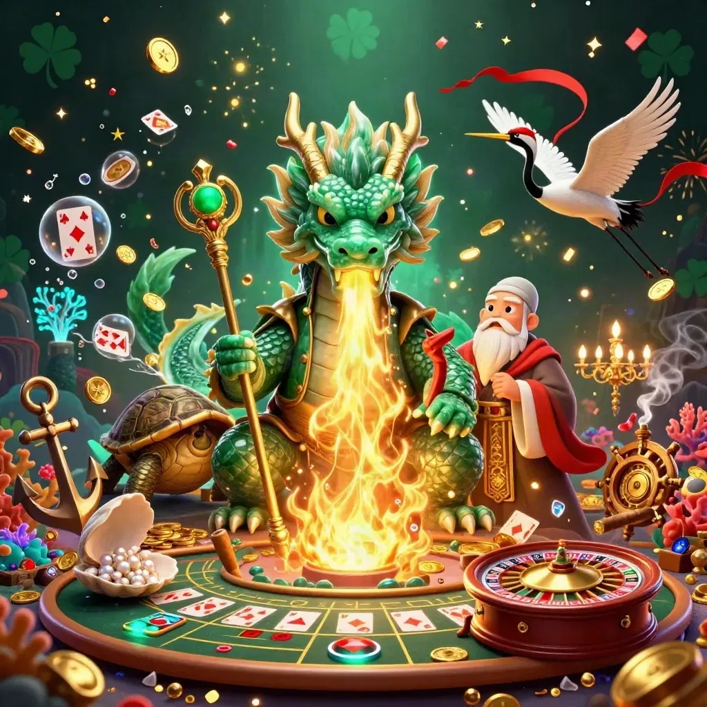 Emerald dragon, turtle sage, and cranes amid gold coins, roulette, coral, and casino fireworks.