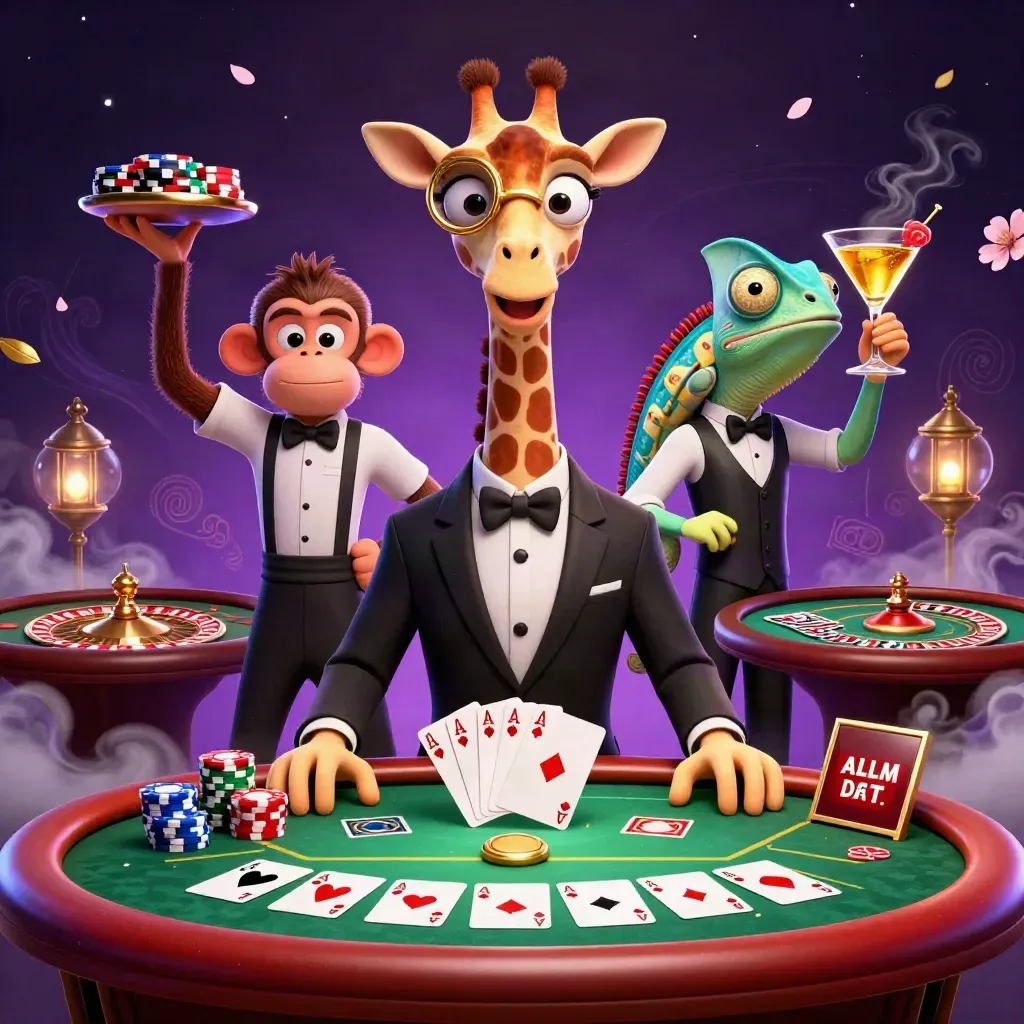 Luxe casino trio with giraffe, monkey, and chameleon amid glowing cards and chips.