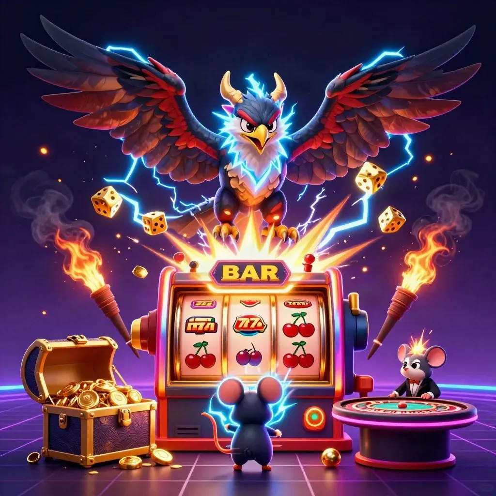 Thunder dragon, wind hawk, and thunder-mouse amid jackpot slot, dice, gold, and neon casino glow.
