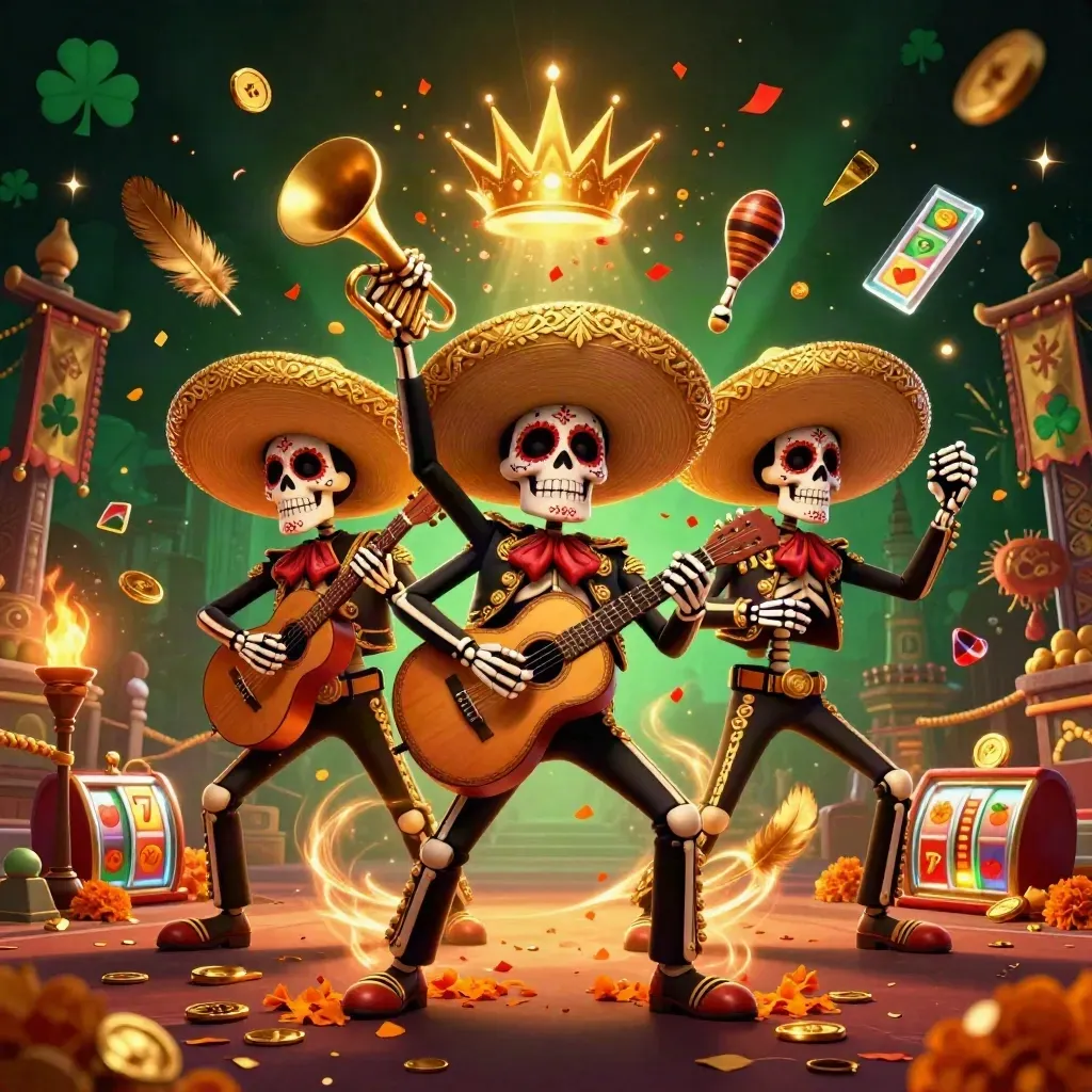 Skeleton mariachi trio amid casino magic, coins, fireworks, and a gold glow.