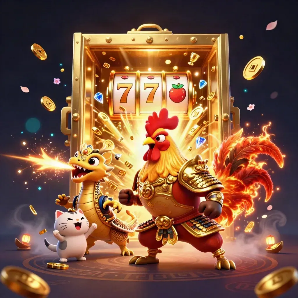 Rooster warrior, dragon hatchling, and fortune cat burst from a glowing vault with gold and gems.