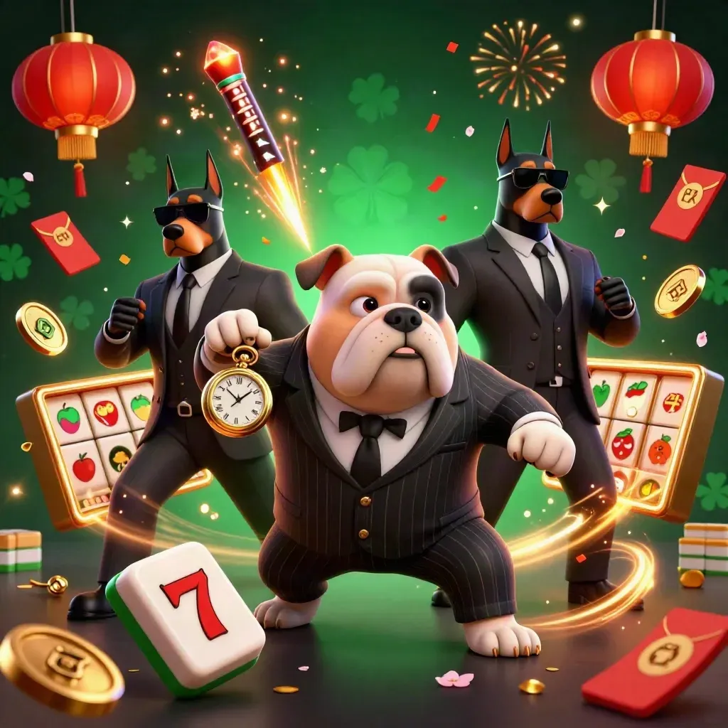 Bulldog mob boss and two Dobermans amid casino-themed coins, lanterns, fireworks, and jade energy