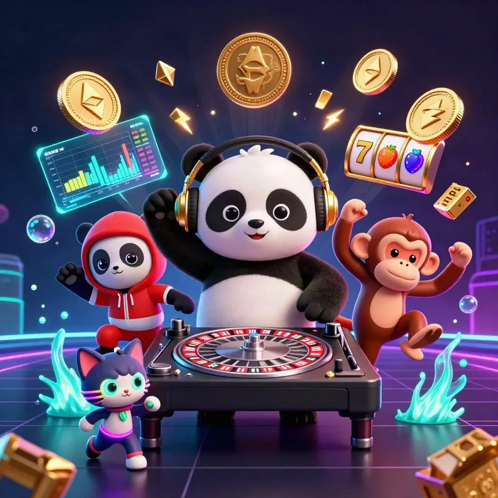 DJ panda, monkey, and glow-stick kitten blast neon casino energy amid coins, reels, and treasure.