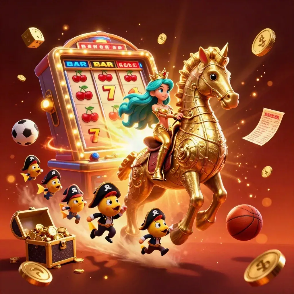 Mermaid princess on armored seahorse amid exploding slot symbols, gold coins, and casino rewards