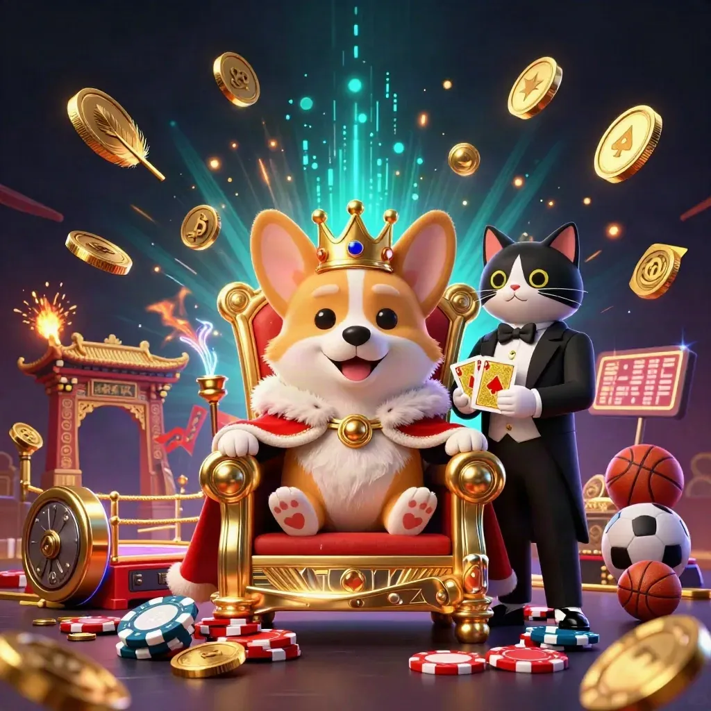 Royal corgi and cat butler amid casino treasure, coins, banners, temple gate, and neon effects