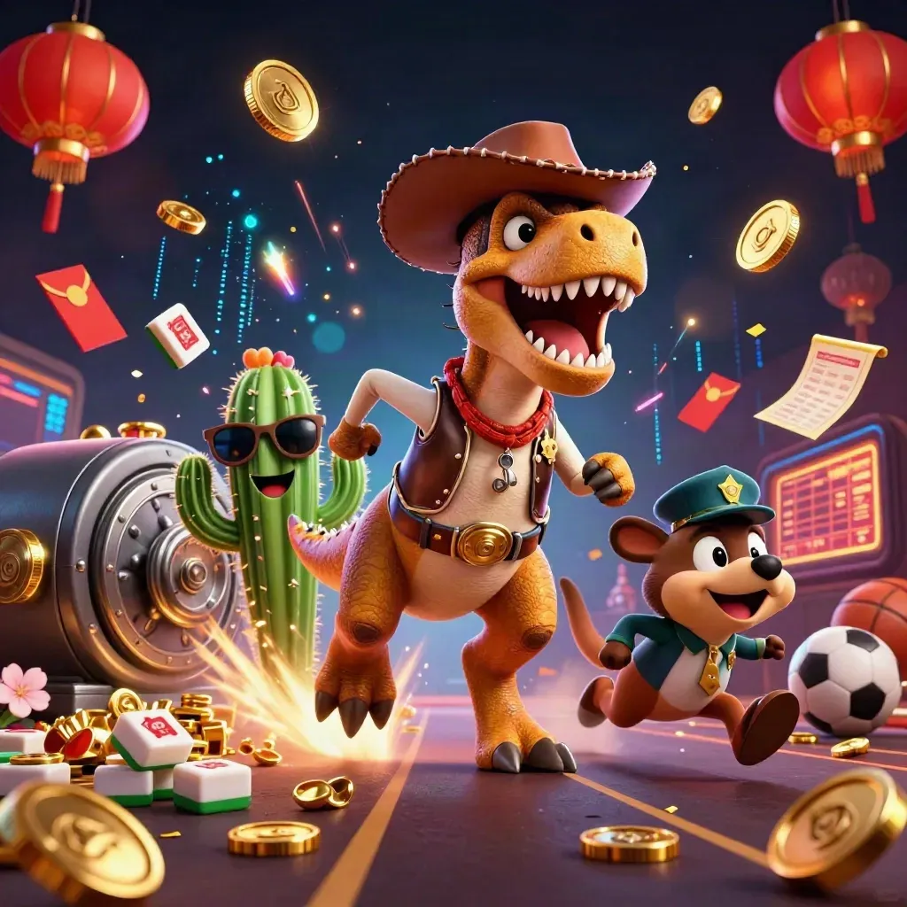 Cartoon cowboy T-Rex, cactus sidekick, and roadrunner amid gold coins, fireworks, lanterns, and casino loot