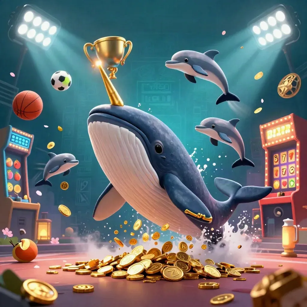 Whale captain, narwhal, and dolphins amid coins, jackpot reels, and casino-lit underwater action.