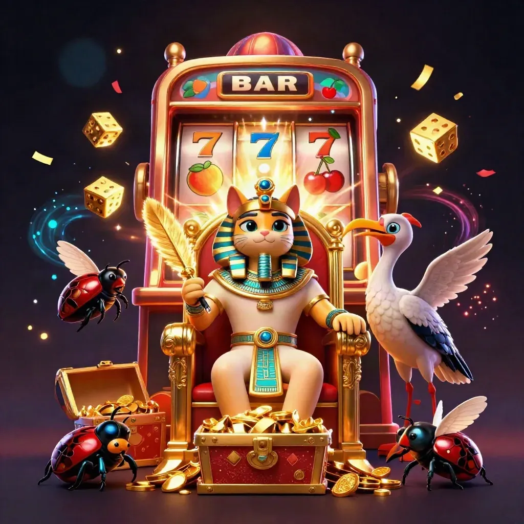 Pharaoh cat, ibis scribe, scarabs, slot machine, gold, confetti, jackpots on a dark casino background.