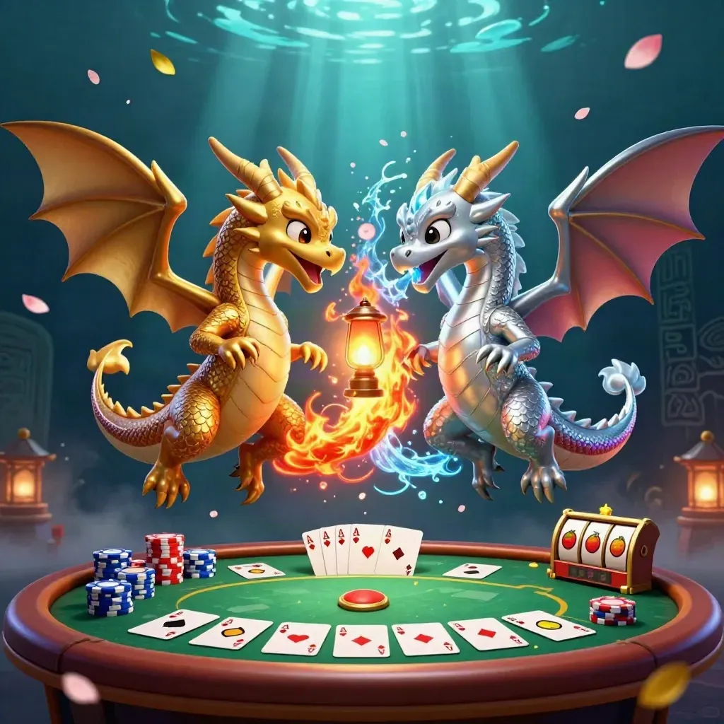 Twin gold and silver dragons whirl above a poker table with chips, cards, reels, and underwater neon glow.